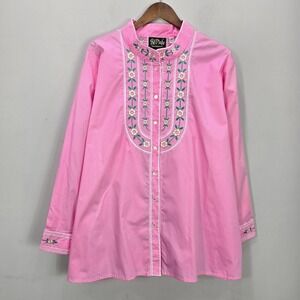 Bob Mackie Button Down Blouse 2X Pink Artsy Embroidered Mandarin Collar NWT
